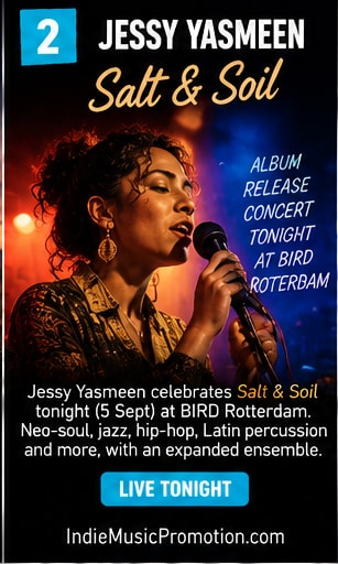 Jessy Yasmeen singing into a microphone live on stage.