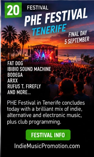 PHE Festival coastal stage in Tenerife with palm trees and evening lights.