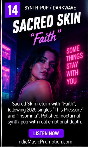 Sacred Skin singer in atmospheric violet shadows for Faith.