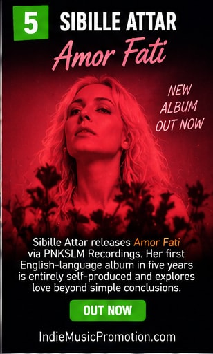Sibille Attar bathed in warm red light for Amor Fati album art.