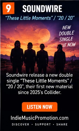Soundwire silhouettes on an otherworldly planet landscape at sunset.