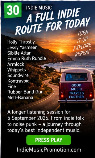 Classic camper van driving down coastal road into sunset for Today's Full Indie Route.