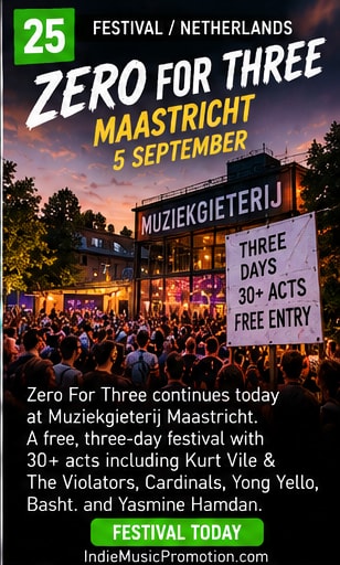 Festival attendees gathering outside Muziekgieterij Maastricht for Zero For Three.