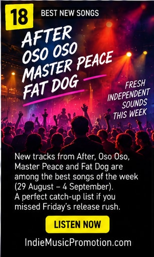 Four-way split collage representing Oso Oso, Master Peace, Fat Dog, and After.