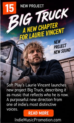 Laurie Vincent with vintage electric guitar launching Big Truck.