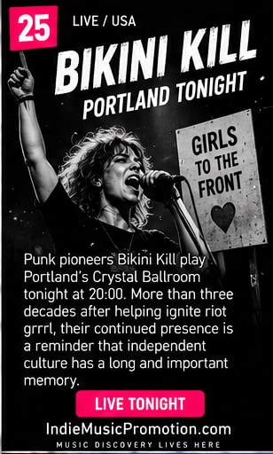 Bikini Kill performing passionately on stage at Portland's Crystal Ballroom.