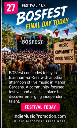 Manor Gardens park stage with festive crowd enjoying BOSfest live music.