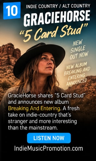 GracieHorse with acoustic guitar and western country vintage aesthetic.