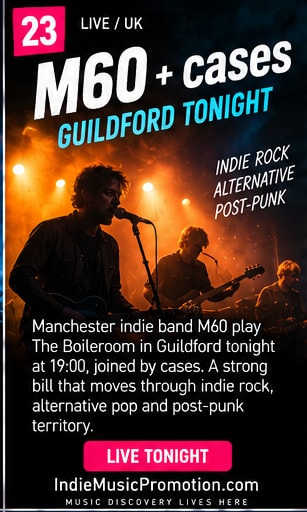 M60 performing on stage at The Boileroom Guildford with guitars.