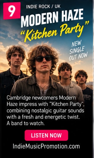 Modern Haze band members gathered in a cozy kitchen party setting.