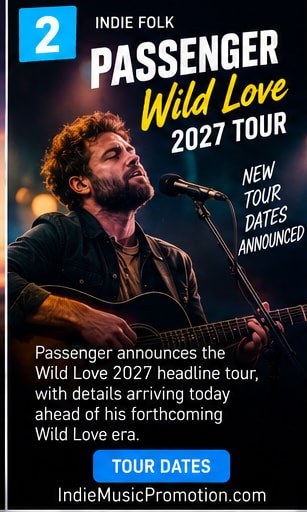 Passenger performing on stage with acoustic guitar under warm spotlight.