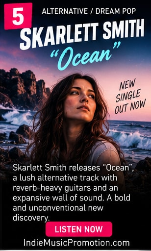 Skarlett Smith Ocean single artwork featuring deep blue waves and reverb guitar pedals.