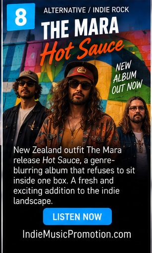 The Mara performing live with colorful instruments and Hot Sauce album art.