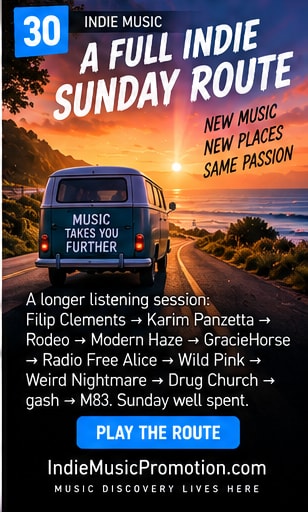 Winding scenic road and vintage music festival camper for Today's Full Indie Route.