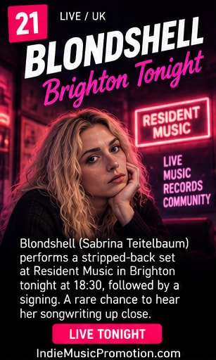 Blondshell leaning against vintage neon sign at Resident Music Brighton.