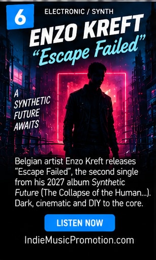 Enzo Kreft silhouette in dark alleyway framed by glowing red and cyan neon portals.