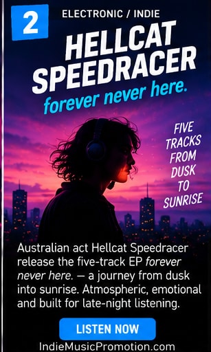 Hellcat Speedracer silhouette in deep blue and red neon lighting with headphones.