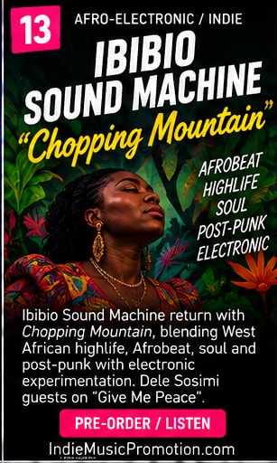 Eno Williams of Ibibio Sound Machine looking upward in vibrant tropical patterns.