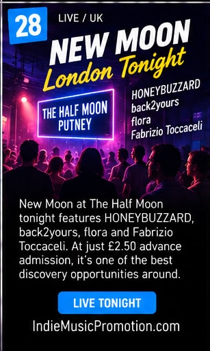 Stage lights shining over The Half Moon Putney stage for New Moon showcase.