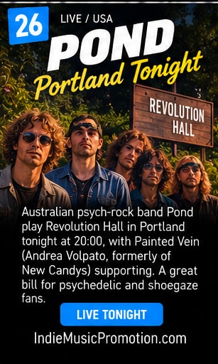 Pond band members outside Portland Revolution Hall in warm evening sunlight.