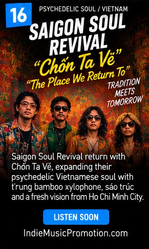 Saigon Soul Revival band members in vintage attire with warm psychedelic tones.