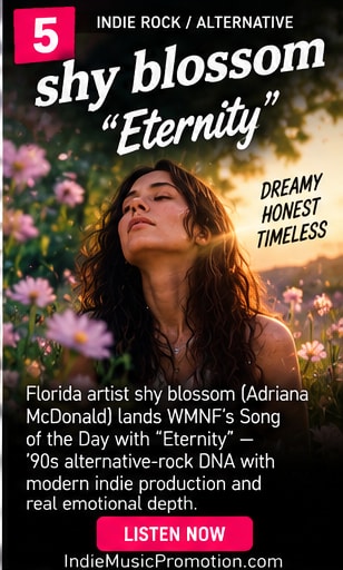 Adriana McDonald of shy blossom looking upward in dreamy warm floral lighting.