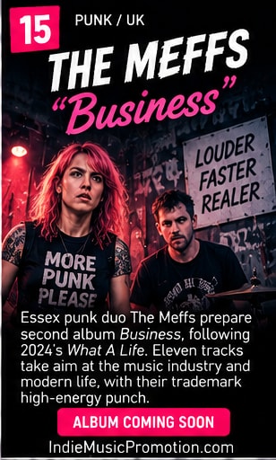 The Meffs punk duo in band tees standing fiercely against distressed urban wall.