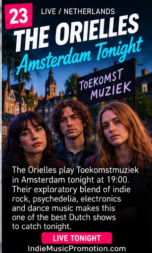 The Orielles band members in front of Toekomstmuziek venue in Amsterdam.