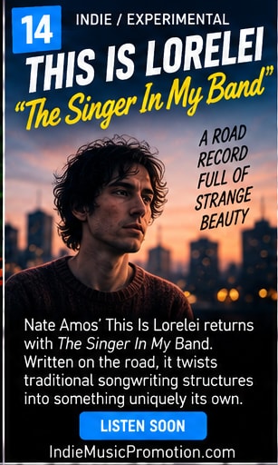 Nate Amos portrait against evening city skyline for This Is Lorelei.