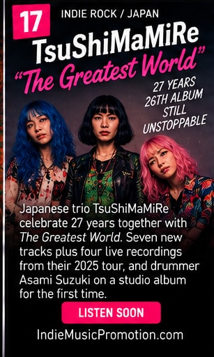 TsuShiMaMiRe trio in vibrant eclectic fashion looking confidently at camera.