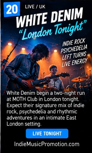 White Denim performing live on warm stage under golden club lights.