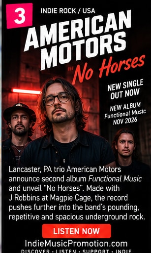 American Motors trio portrait in dark moody indie rock aesthetic.