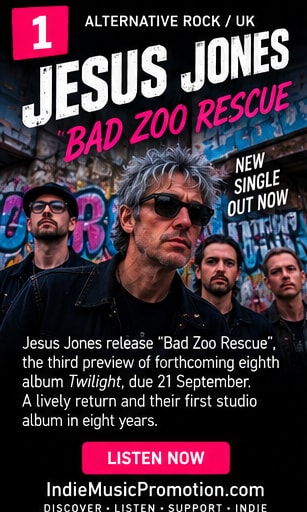 Jesus Jones band members under neon stage lighting for Bad Zoo Rescue.
