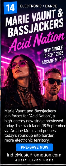Marie Vaunt and Bassjackers portrait in neon purple and violet glow.