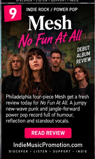 Mesh four-piece band members standing outdoors in casual style.