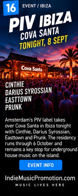 Cova Santa open air venue in Ibiza packed with dancing crowd under sunset sky.