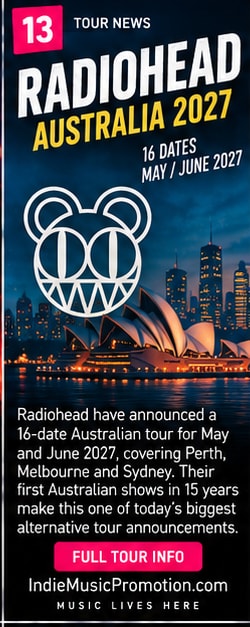 Radiohead bear mascot logo over Sydney skyline illuminated at night.