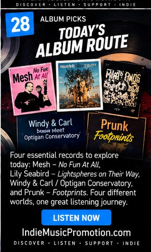 Album covers collage for Today's Album Route including Mesh, Lily Seabird, Windy and Carl, and Prunk.