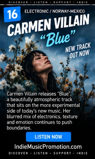 Carmen Villain gazing upwards into blue cloudy sky with dreamlike overlay.