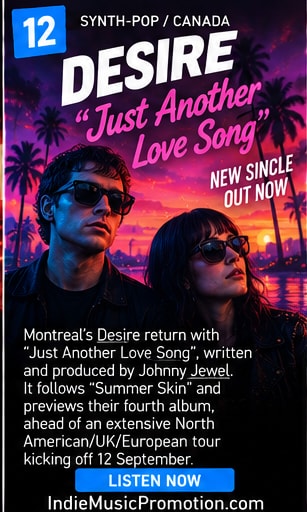 Desire duo wearing sunglasses against neon-drenched palm boulevard.