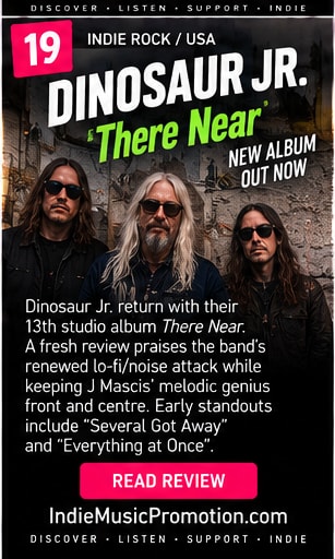 Dinosaur Jr. band members in moody outdoor forest landscape.