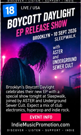 Boycott Daylight band member with head tilted in neon pink club glow.