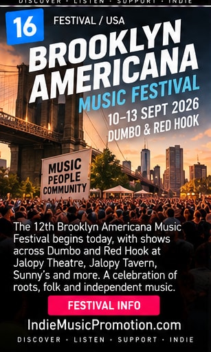 Festive crowd gathered outdoors for Brooklyn Americana Festival near waterfront.