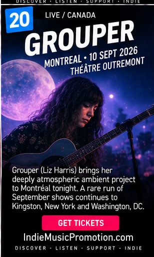 Liz Harris singing with closed eyes against a surreal celestial moon backdrop.