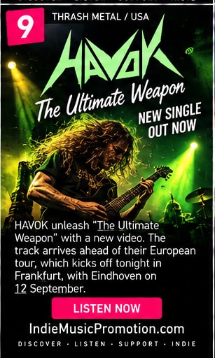 HAVOK guitarist playing flying V guitar on stage under green spotlights.