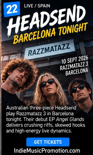 Headsend band trio members looking forward with intense rock expressions.