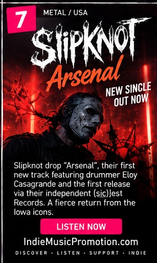 Slipknot masked performer on dark industrial stage flanked by red lighting.