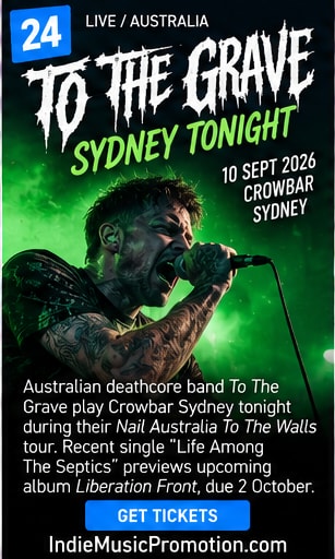 To The Grave vocalist screaming into microphone bathed in green stage lighting.