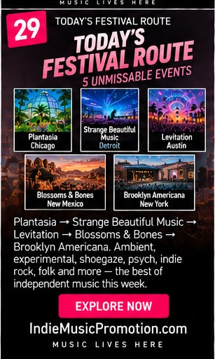 Collage of five featured festivals for 10 September 2026: Plantasia, Strange Beautiful Music, Levitation, Blossoms and Bones, and Brooklyn Americana.