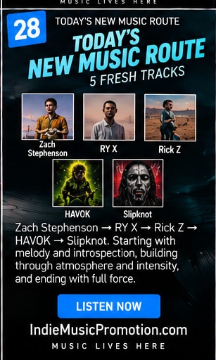 Cover artwork montage for Zach Stephenson, RY X, Rick Z, HAVOK, and Slipknot on Today's New Music Route.